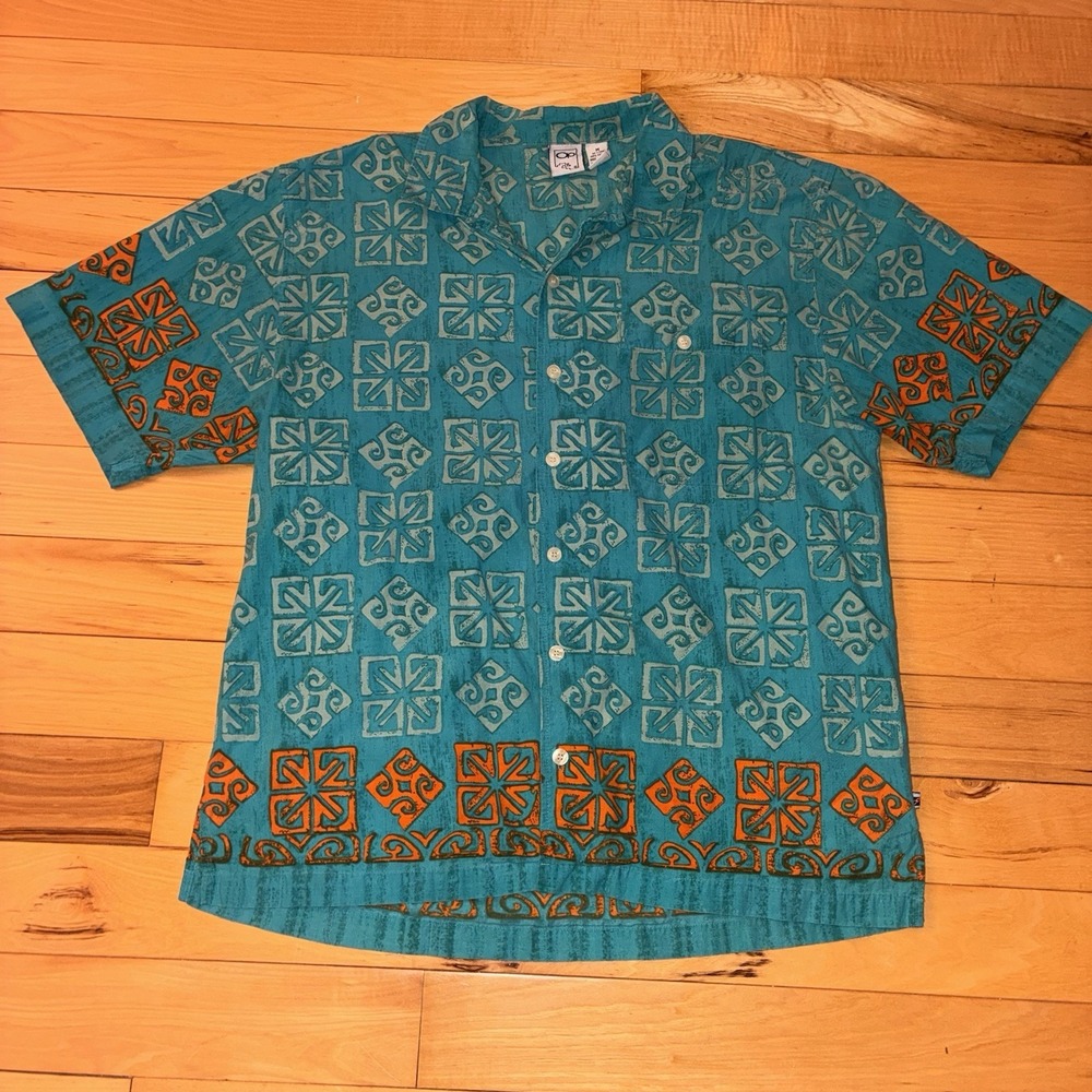 Vintage 80s OP Shirt Men Medium Cotton Button Loop Collar Camp Tribal Surf Aztec